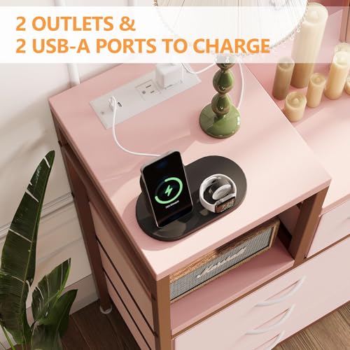 GarveeHome 9-Drawer Storage Bedroom Dresser TV Stand | Multi-Functional with Built-in Charging Station, Tall Dresser for Closet Organization, Kids Room & Apartments, Pink