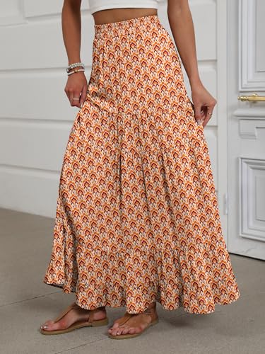 Image of ANRABESS Womens Maxi Skirt Elastic High Waist Swing Tiered A-line Flowy Pleated Boho Beach Vacation Long Skirts
