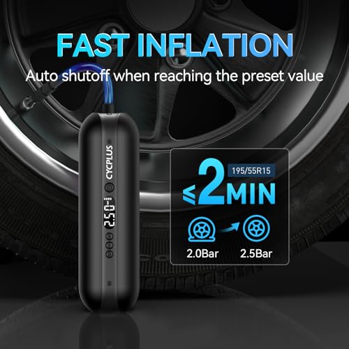 Image of CYCPLUS Portable Electric Tire Inflator Bike Pump,150PSI Auto Off | Fast inflation, LED light, Built-in Hose, 2600mah Battery, Presta and Schrader Valve, for Car, Motorcycle, Bike and Ball
