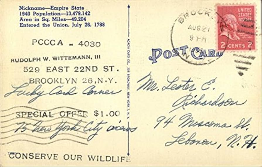 A. WITTEMANN　お土産の本とポストカード ニューヨーク州ブルックリン A. WITTEMANN お土産の本とポストカード ニューヨーク州ブルックリン