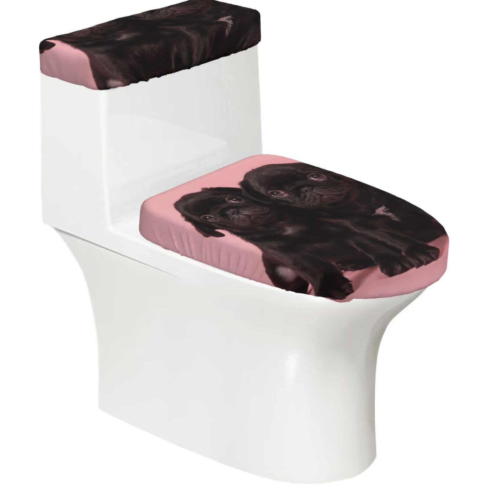 Edwal Black Cute Pug Print 2 Pcs Elastic Toilet Seat Covers Set Washable Toilet Lid Cover Toilet Tank Cover For Bathroom