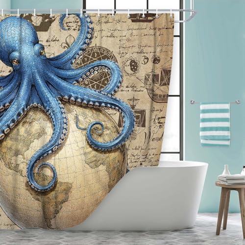Image of Vintage Nautical Octopus Shower Curtain, Navy Blue Funny Ocean Shower Curtains for Bathroom, Sailing Boat Anchor Coastal Map Bath Curtain Waterproof Fabric with 12 Hooks 72x84 Inch