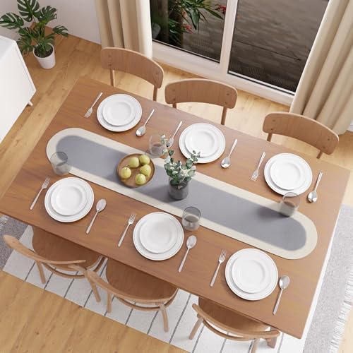 Image of Encasa XO Table Runner for 4 Seater | Handmade Ribbed Style Cotton | 30x137 cm | Light Grey & Off White | for Dining & Center Table