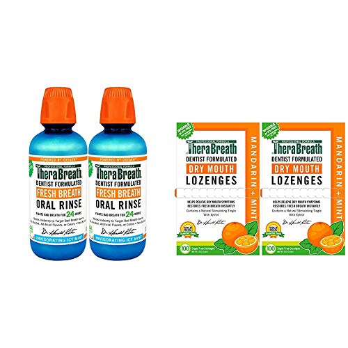 TheraBreath Gluten-Free Fresh Breath Oral Rinse, ICY Mint, 16 Ounce Bottle (Pack of 2) and TheraBreath Dry Mouth Lozenges with ZINC, Mandarin Mint Flavor, 100 Lozenges (Pack of 2)