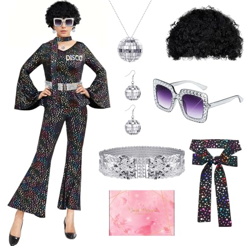 TOSZOLY Disfarce de disco para mulher, disfarce de anos 70 para mulher com acessórios de discoteca, colar, brincos, disfarces carnaval para Halloween, presente de aniversário, festa, cosplay (Black