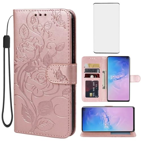 Coque Galaxy S10 Samsung étui portefeuille en cuir fleur avec protège-écran or