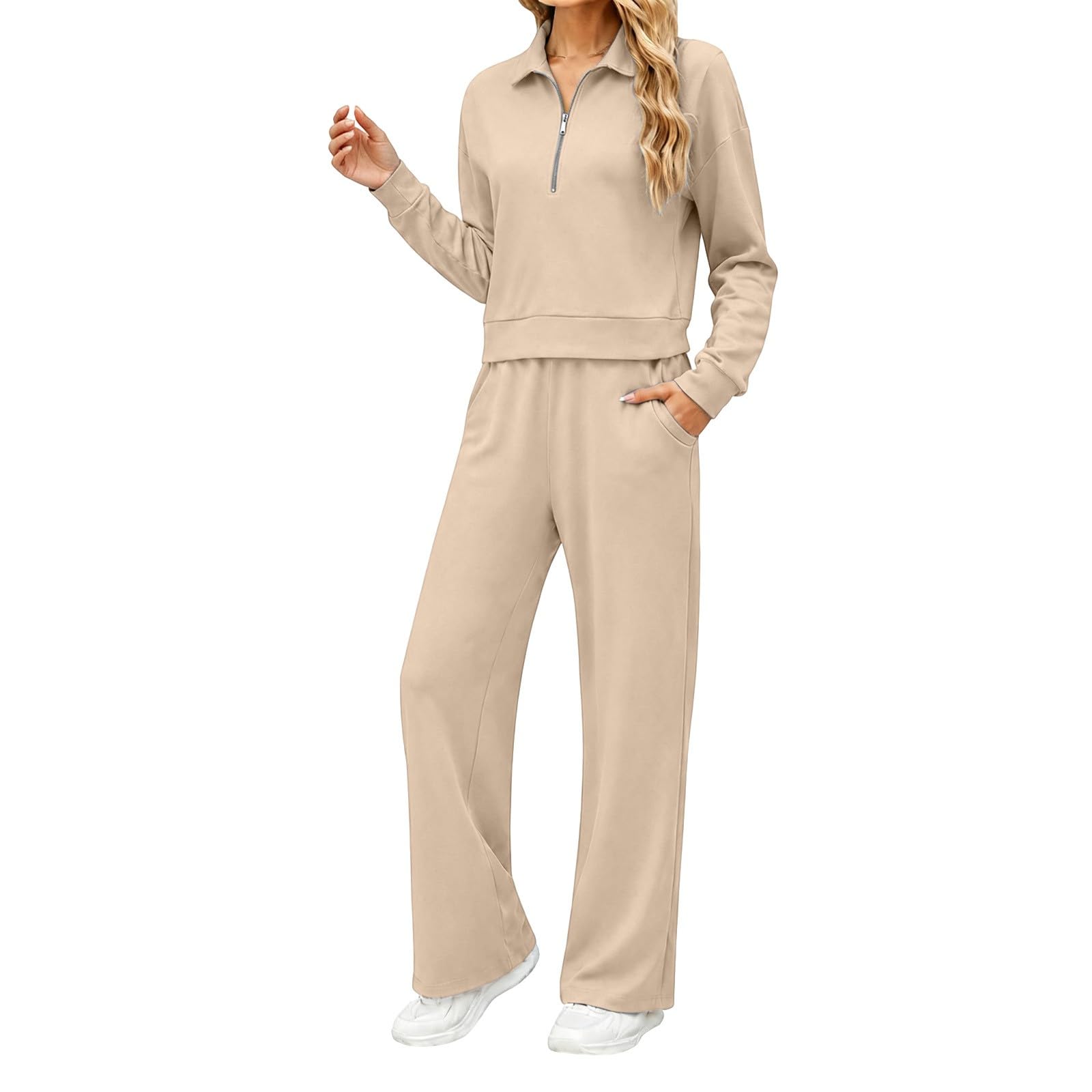 Survêtement surdimensionné pour femme - Survêtement pour femme - Grandes | Col polo avec demi-fermeture éclair, sweat-shirt droit, pantalon de jogging deux pièces avec poches, survêtement élégant et