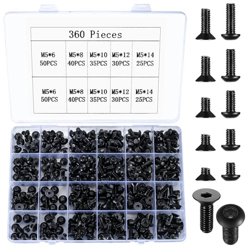 360 Pcs M5 Metric Hex Socket Head Cap Screws Bolts Set, Including 180 Pcs Countersunk Pan Head Screw