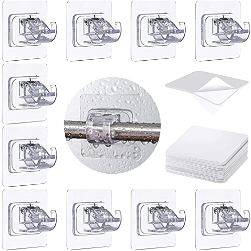 10 Pcs No Drill Curtain Rod Brackets, Adhesive Curtain Rod Holder, No Nail Curtain Rod Brackets Fixing Holders, Drapery Wall Clamp Hook for Curtain Rod with 10 Acrylic Double-Sided Tape, Transparent