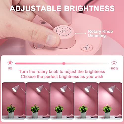 Image of BOHON Cute Desk Lamp with USB Charging Port, 3 Color Modes Dimmable, Pink | Pink Lamp LED Reading Lamp, Flexible Neck Auto Dimming Table Task Light for Home Office Dorm Bedside
