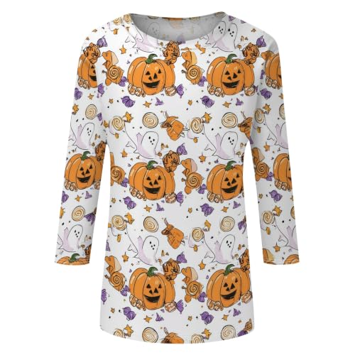 Image of Women Spooky Halloween Graphic Shirt 3 /4 Length Sleeve Crewneck Top | Halloween Funny Printed Pumpkin Plus Size Tshirts 2026 Fall Outfits Skeleton Tee Going Out Tops