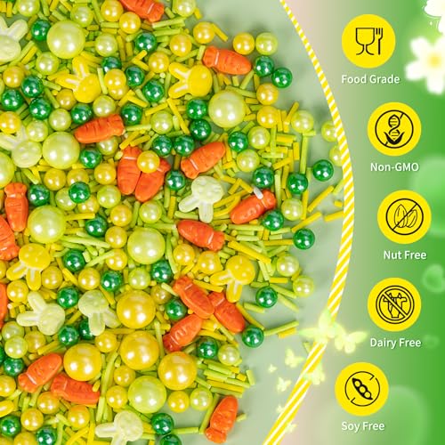 Image of Edible Yellow Green Sprinkles for Cake Decorating,130g,Rabbit Sprinkle,Orange Carrot Pearls and Jimmies,Bunny Candy Baking Decorations,Cupcake Toppers,Cookie Donuts Ice Cream Dessert,Birthday Children's Anime Farm Garden Summer Party Supplies