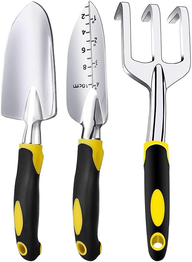 JZS Garden Tool Set, 3 Pieces Aluminum Heavy Gardening Kit Including Hand Shovel, Transplant Shovel and Hand Rake with Soft Rubber Non-Slip Handle, Peoplewholovegardeningenjoy apleasant Experience