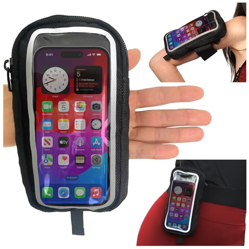 New Black 3-in-1 Essentials Carrier – Handheld Running Phone Holder, Hiking Belt Holster Pouch & Fitness Armband Case, w/Touchscreen-Ready Window, Fits iPhones & Androids – Water-Resistant, Adjustable