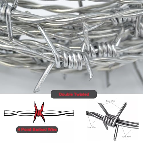 YAGJIA Barbed Wire Fence, 328 Ft, 4 Point Barbed Wire, 18 Gauge(1.6mm) Galvanized Steel, Silver, Strong & Flexible, Ideal for Yard, Garden, Crafts & Critter Deterrent