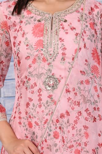 Image of W for Woman Pink Floral Printed Dori Embroidered Organza Flared Kurta, Straight Pant And Dupatta Set