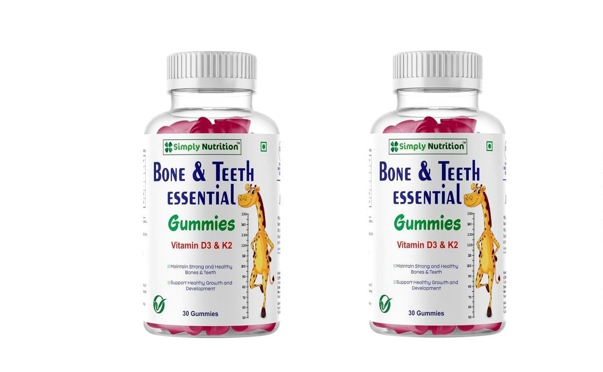 Simply Nutrition Bone and Teeth Essential Gummies with Vitamin D3 and K2 – Supports Strong Bones, Healthy Teeth, and Overall Bone Health (Pack of 2, Each Pack 30 Gummies)