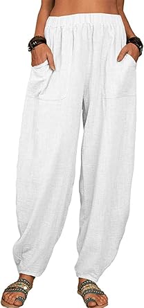 utcoco Womens Cotton Linen Harem Pants Casual Loose Fit High Waisted Pants Trousers with Pockets