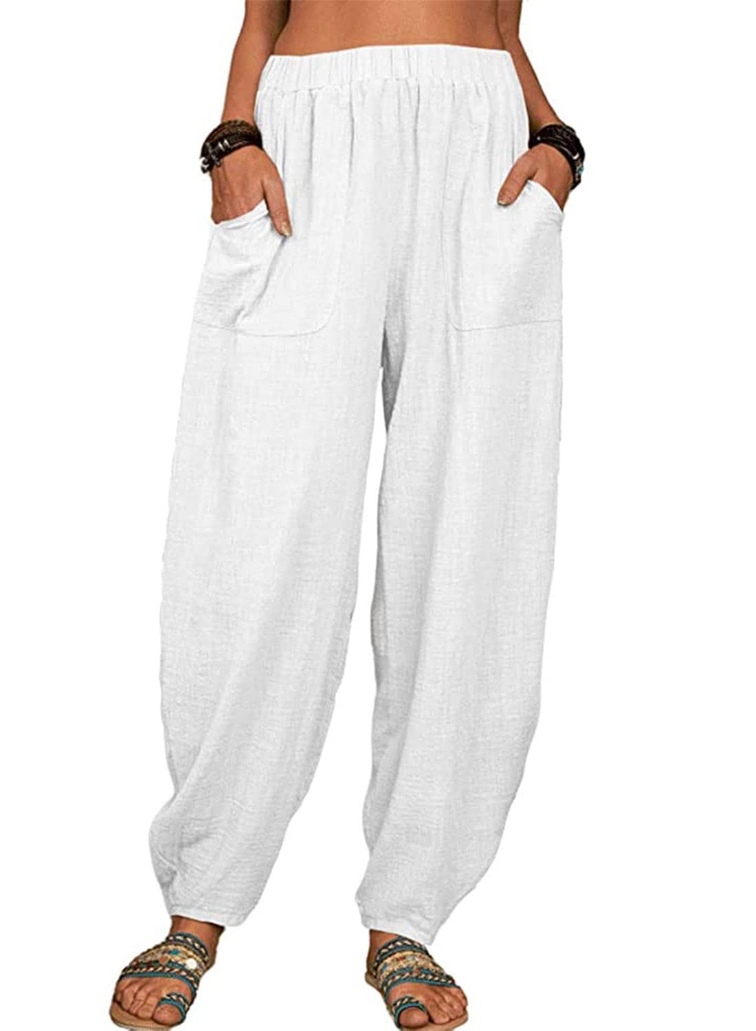 utcoco Women's Cotton Linen Harem Pants Casual Loose Fit High Waisted Pants Trousers with Pockets, White, X-Large-picture-39