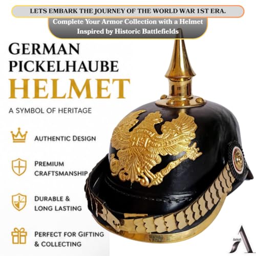 Image of AnNafi German Pickelhaube Spike Helmet, Leather Pickelhaube Imperial Prussian Helmet, Brass Military Officer Men's Costume, WWI & WWII Helmets Replica LARP Re-Enactment Party Cosplay Costumes