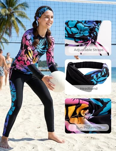 Image of GRACE KARIN Girls Long Sleeve Swimsuit Two Piece Rashguard Floral Swimwear 6-14Y