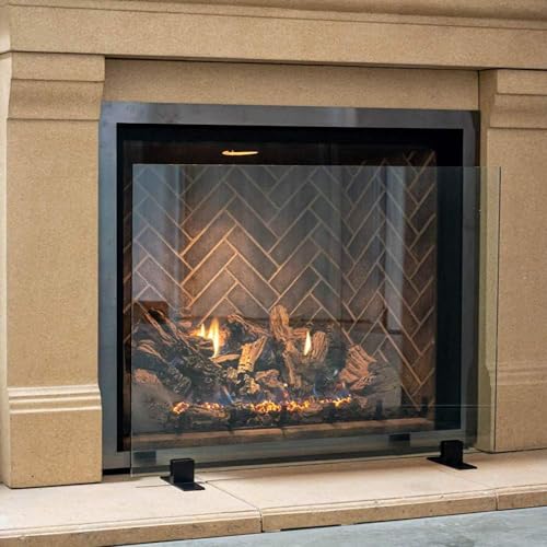 Image of AMS Fireplace | Manhattan Modern Freestanding Frameless Clear Glass Fireplace Screen with Powder Coated Metal Black Feet Base (Feet Color Black, Small Size: 36 inch W X 26 inch H)