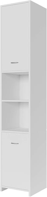 Deuba Tall Bathroom Cupboard With Shelves 180x30x30cm White 6 Compartments 2 Door Magnetic Lock Narrow High Wooden Standing Storage Unit Cabinet Tallboy