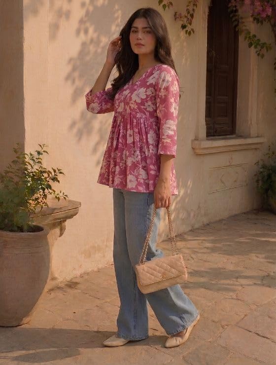Image of Cotton Floral Printed Gathered Peplum Short Kurti for Women | V Neck 3 /4 Sleeves | Waist Short Kurti | Regular Fit Tunic Top for Women | Casual Summer Wear | Pink