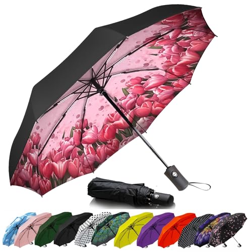 Image of SIEPASA Compact Travel Umbrella - Windproof Auto Open /Close, Small Folding Umbrella for Rain & Sun with UPF50+ - Lightweight Frame, Waterproof - Fits Backpack, Purse, Suitcase.(Tulip)