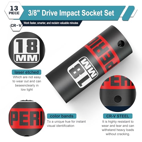 Image of 13 Piece 3 /8 inch Drive Impact Socket Set, 7 mm-19 mm Deep Socket, Metric, 6 Point, Automotive Motorcycle and Bicycle Maintenance, Machinery Manufacturing