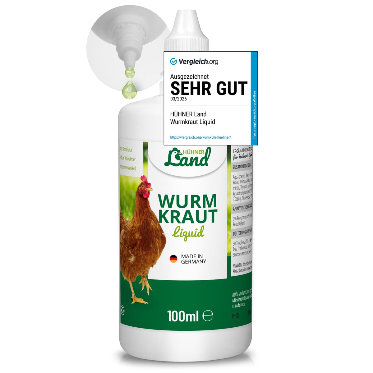 Test très bien 2026 HÜHNER Land Herbe vermifuge liquide 100 ml – pour poules et volailles, avec véritable vermifuge (Artemisia Absinthium) dans une formule végétale à base de recettes, convient pour