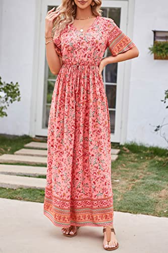 Image of PRETTYGARDEN Women's Casual Summer Boho Floral Print Dress V Neck Short Sleeve High Waist Long Maxi Beach Dresses