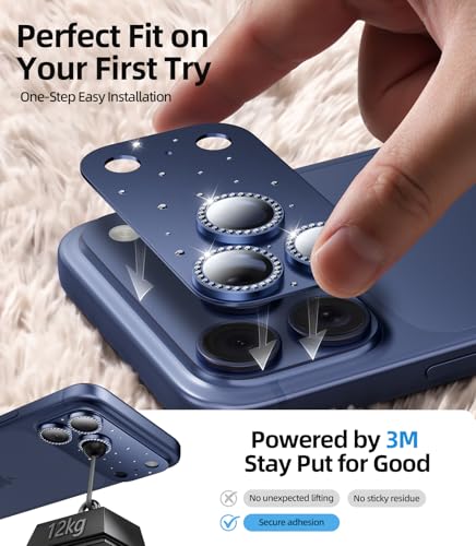 Image of HelloDeere for iPhone 17 Pro Max Camera Lens Protector [Not Easy to Break] [Ultra Bright] Round Gold Diamond Bling Tempered Glass Metal Frame Camera Cover for iPhone 17 Pro Max Lens Case Friendly (Blue,1 Pack)