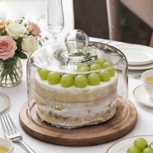CENGNIAN 8 Inch Wooden Cake Stand with Glass Dome for Dessert Cheese Candy - image 1