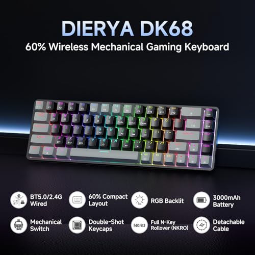 Dierya DK68 Teclado Mecánico Gaming Inalámbrico,60% Layout Compacto 68 Teclas con Triple Modo-Bluetooth/2.4G/Type-C,Red Switch Gamer Mechanical RGB Keyboard para PC/Win/Mac,QWERTY,Griza Nigra-B - imagen 2