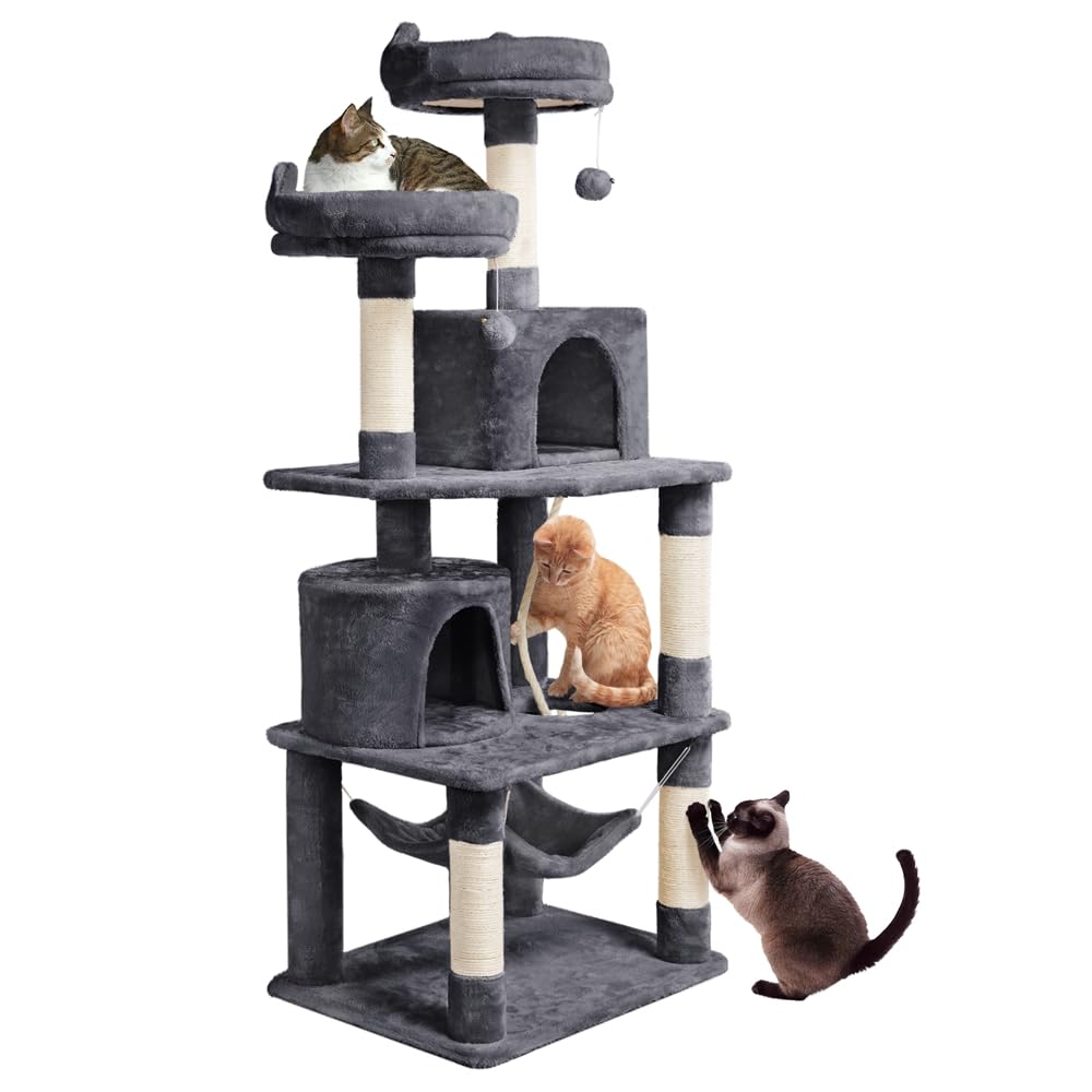 Yaheetech Albero Tiragraffi per Gatti Adulti Grandi Medi con Giocattolo Gioco Palle in Corda Sisal Naturale 61 x 49 x 158 cm Grigio Scuro