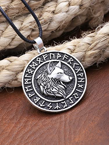 HAQUIL Viking Wolf Necklace, Ancient Runes Medallion with Fenrir Wolf Head Pendant, Viking Jewelry Gift3
