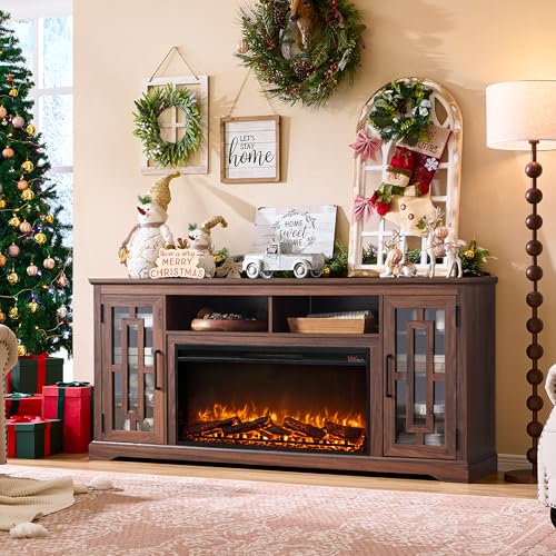 JXQTLINGMU Farmhouse Fireplace TV Stand with 36" Electric Fireplace for 80 Inch TV, 32" Tall Entertainment Center, Modern Media Console, 6 Shelves Storage Cabinet for Living Room, Brown
