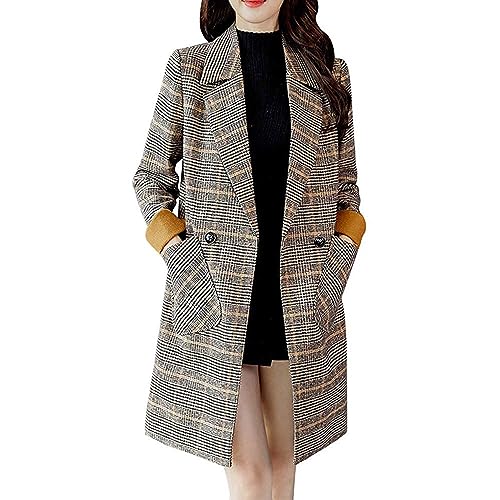 Skrsila Damen Mantel Kariert Lange Wollmantel Elegant Trenchcoat Revers Frauen Windjacke Herbst Winter Jacke Outwear Windbreaker Slim Fit Mantel