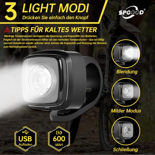 SPGOOD Fahrradlicht Set StVZO, blendfrei, USB-C, Vorne & Rücklicht IPX5