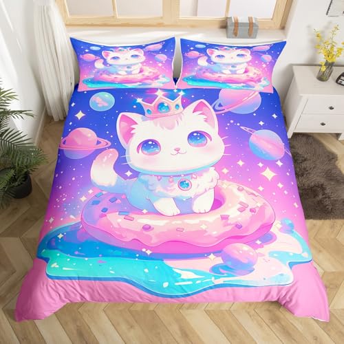 jejeloiu Boys Girls Cat Comforter Cover Toddler Size, Cute Kitten Bedding Set for Cartoon Animal Duvet Cover Kids Galaxy Teens Bedspread Cover Bedroom Decor with 1 Pillow Case (No Comforter)