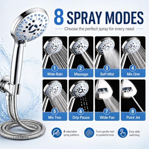 Image of COMFYHOME Hand Shower For Bath, High Pressure 8-IN-1 Hand Shower With Self-Clean Anti-Clog Nozzles For Power Wash. Handheld Shower Comes With 1.5M Flexible Hose Pipe And 50 Pcs Drain Covers Included
