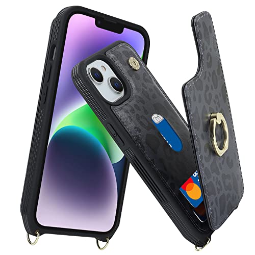 Image of for iPhone 13 Case with Card Holder for Women,Phone Case with Strap,Crossbody Lanyard,RFID Blocking,Ring Stand,Snap Clasp,Cute Wallet Cases for iPhone 13(6.1 inch,Black Leopard)