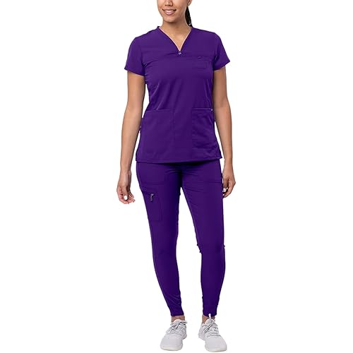 Adar Pro Movement Booster Scrub Set for Women - Sweetheart V-Neck Scrub Top & Yoga Jogger Scrub Pants