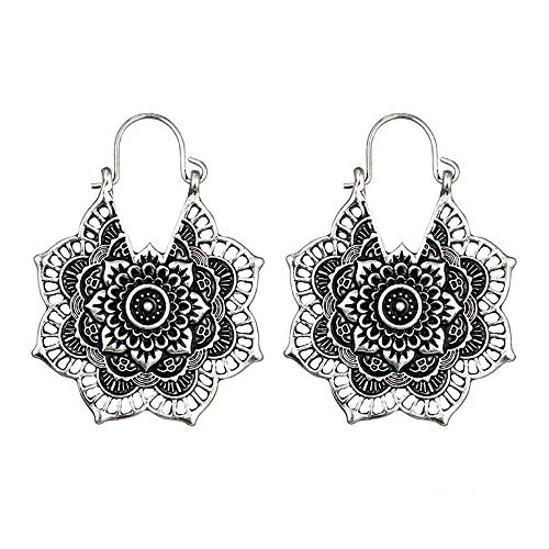 SSYUNO Fashion Antique silver Gypsy Indian Tribal Ethnic Hoop Boho Dangle Indian Mandala Earrings for Women