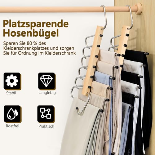 Hosenbügel Platzsparend, 6 In 1 Natürliche Hosenbügel Holz, 2 Stück rutschfeste Magische Hosenbügel, Faltbare Multifunctional Hosenkleiderbügel, Platzsparende KleiderbüGel für Schals Jeans Hosen