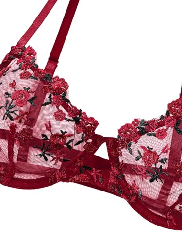Image of Lilosy Sexy Floral Embroidered Mesh Sheer Underwire Lingerie Set