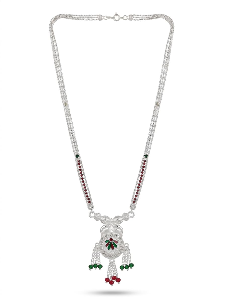 Silver-Toned Mangalsutra for Women, Traditional Indian Style with Meenakari Pendant and Beaded Tassels-image-19