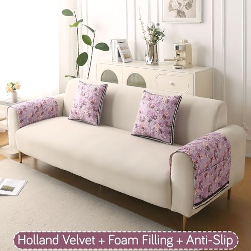 Image of HOKIPO 'Florentina Series' Premium Holland Velvet Sofa Arm Cover with Foam Filling & Anti Slip Backing | 2 Pcs | Peony Lavender (IN-876-V6*2S)