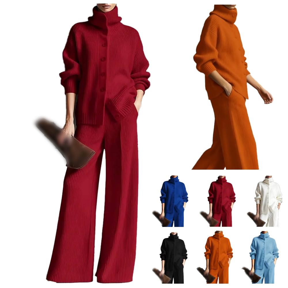 Womens Cozy Cardigan Sweater and Pants Two-Piece Set Mockneck Sweatshirt Wide Leg Pant Knit Sets Fall Winter Matching